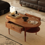 46'' Oval Solid Wood Coffee Table Warm Cherry Finish Hidden Drawer Side Shelf